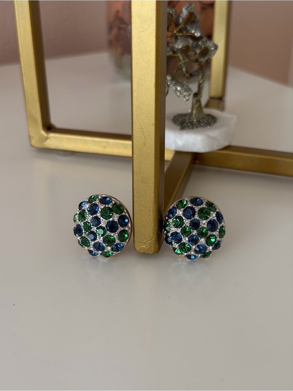 Vintage Pre-Owned Swarovski Crystal Pave Clip-On Button Earrings – Blue & Green